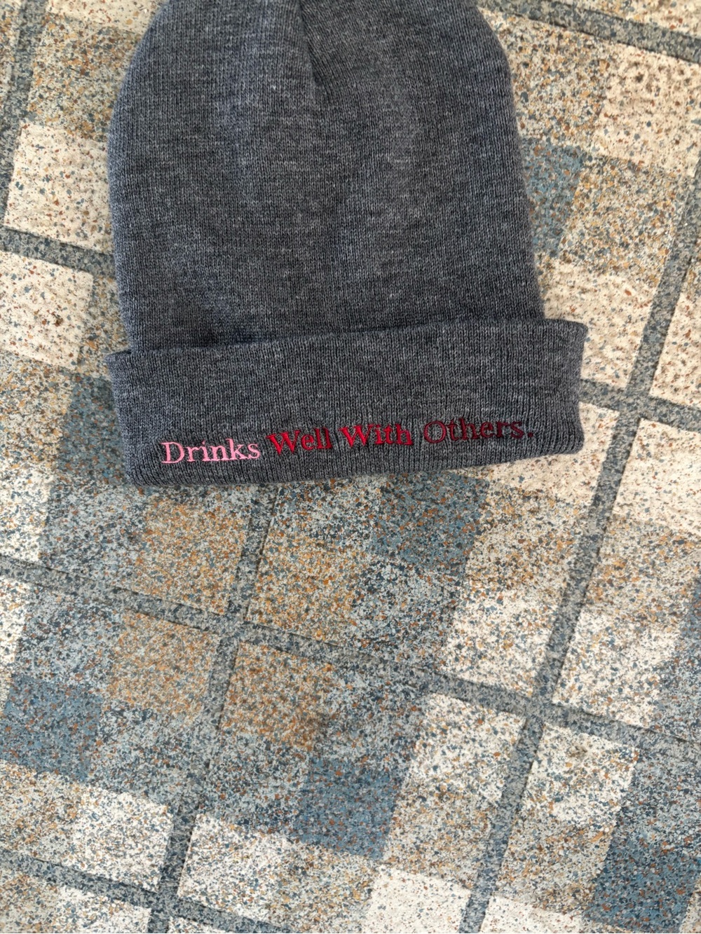 Gray Knit Beanie with 'Drinks Well With Others' Embroidery